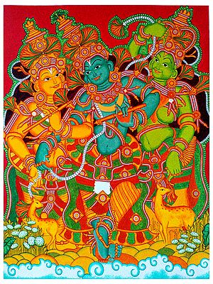 Krishna with Rukmini and Satyabhama | Acrylic on Canvas by Arun Kumar