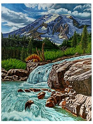 Beautiful Mountain and River | Oil Painting on Canvas by Arun Kumar