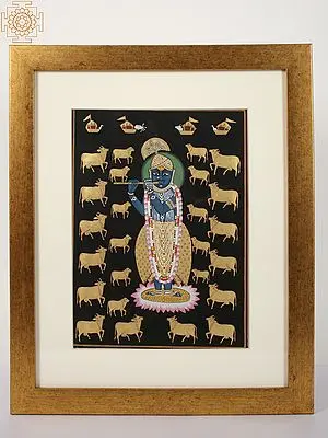 Shrinath ji Playing Flute with Cows | Watercolor Painting on Paper  | With Frame