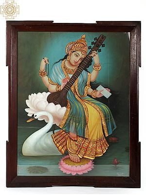 Devi Saraswati - Goddess of Knowledge | Vintage Oil Painting on Canvas | With Frame