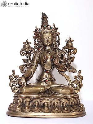 Copper Statue of Green Tara sitting in Meditation