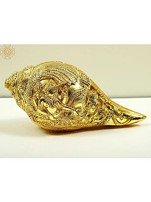 8" Lord Vishnu with Goddess Lakshmi Designer Conch in Brass