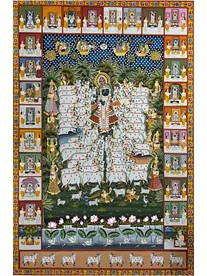 Shrinathji Among Cows and Devotees | Pichhwai Painting on Cotton by Dheeraj Munot