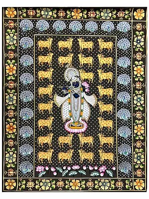 Shrinathji with Cows and Peacocks Pichwai Painting on Cotton | By Dheeraj Munot