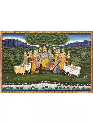 Dheeraj Munot's Pichwai Artwork: Radha Krishna with Sacred Gopis on Cotton