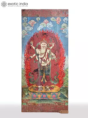 Large 66" Six-Armed White Mahakala Tibetan Buddhist Thangka Painting on Wood