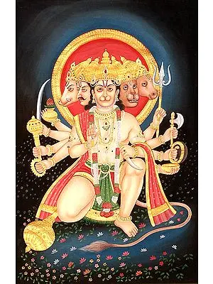 Five Headed Hanuman - Watercolor Art on Silk