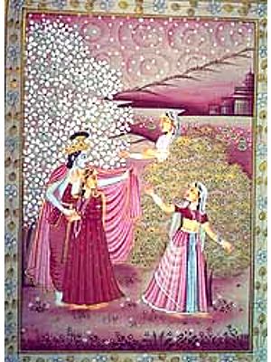 Painting of Krishna with Gopikas Watercolor on Silk