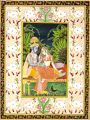 Radha Krishna Framed in Cow Border