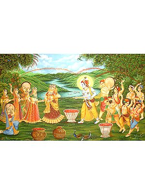 Krishna, Radha and Companions Play Holi