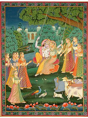 Radha Swings with Krishna Attended By Gopis