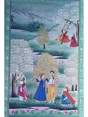 Radha Teases Krishna Watercolor Painting on Silk (with real gold work)