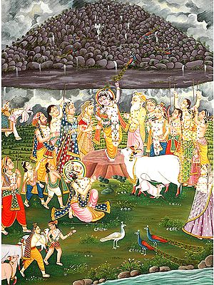 The Gopas Help Krishna Lift The Mount Goverdhana by Using Their Sticks as Props