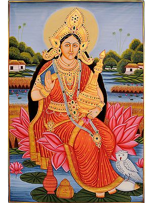 Goddess Lakshmi Watercolor Painting with Wealth Pot and Owl