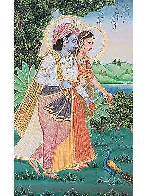 Radha Krishna Feeding Their Beloved Peacock