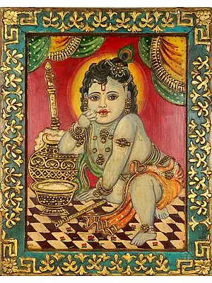Lord Shri Krishna The Butter Thief (Framed Painting)