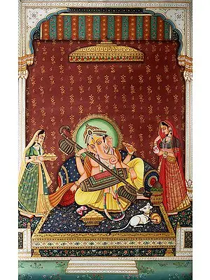Lord Ganesha Playing Mridangam and Veena for Riddhi and Siddhi