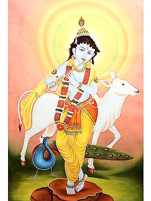 Murali Krishna with His Cow and Peacock