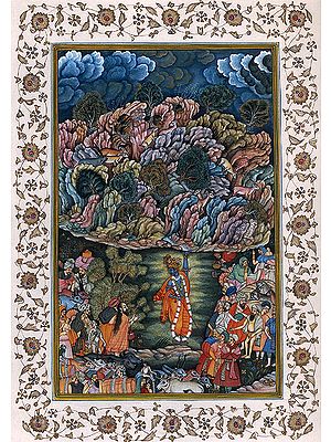 Lord Krishna Lifting the Mountain Govardhana