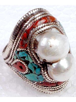 Pearl Ring with Inlay of Turquoise and Coral