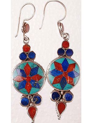 Sterling Earrings with Inlay of Turquoise, Coral and Lapiz Lazuli