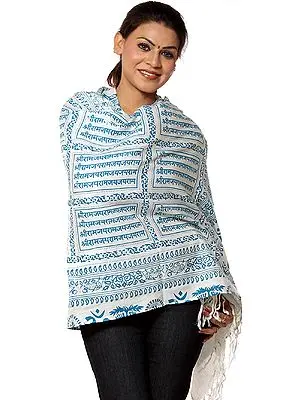 Ivory Stole with Ram Nam Mantra Block-Printed in Turquoise