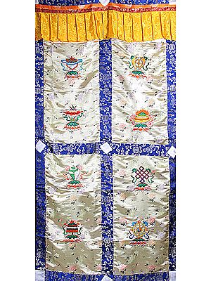 Ashtamangala (Eight Auspicious Symbols of Buddhism, Tib. bkra shis rtags brgyad) - Tibetan Altar Curtain with Hanging Brocade Atop