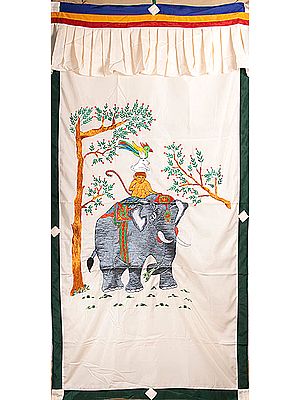 The Four Harmonious Friends (mthun-po spun-bzhi, Skt. catvari anukulabhratr) - Tibetan Altar Curtain with Hanging Brocade Atop