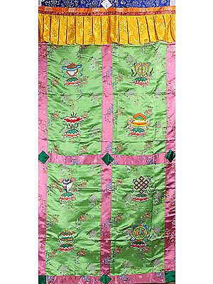 Ashtamangala (Eight Auspicious Symbols of Buddhism, Tib. bkra shis rtags brgyad) - Tibetan Altar Curtain with Hanging Brocade Atop
