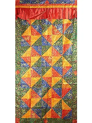 Multi-Colored Woven Auspicious Tibetan Symbols with Patchwork - Tibetan Altar Curtain