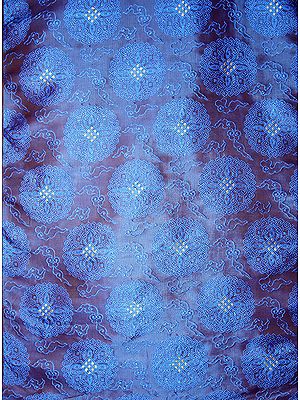 Blue Brocade Fabric with Stylized Vishva Vajra and Endless Knot in Self Weave