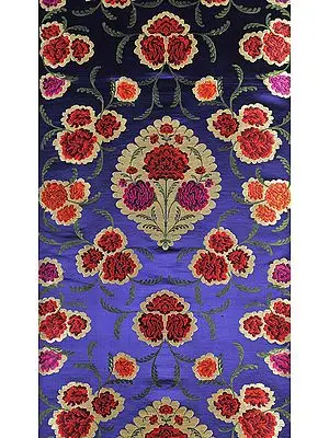 Dazzling-Blue Brocade Fabric from Banaras with Woven Roses and Zari Weave by Hand