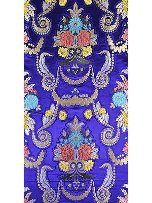 Deep-Blue Floral Brocade Fabric from Banaras with Golden Zari Weave