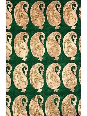 Green Banarasi Katan Georgette Fabric with Woven Paisleys in Golden Thread