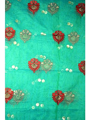 Green Net Hand-woven Fabric from Banaras with Large Embroidered Bootis