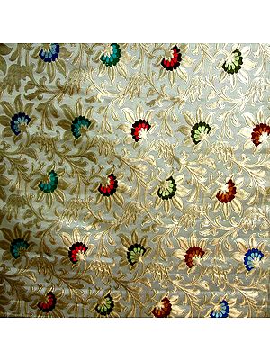 Ivory Hand-woven Brocade with Golden Thread Weave and Multi-Color Flowers