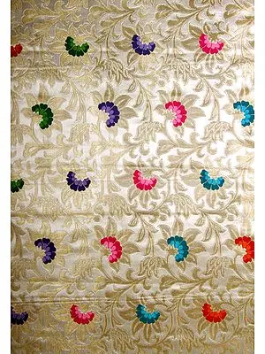 Ivory Hand-woven Brocade with Golden Thread Weave and Multi-Color Flowers