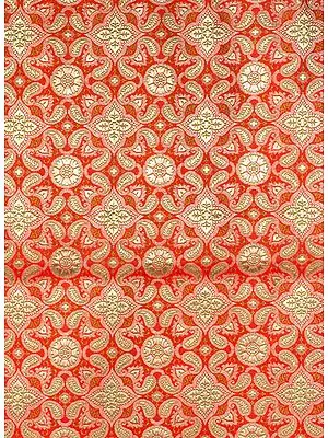Red Banarasi Brocaded Fabric with Paisleys Woven in Golden Thread