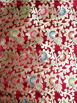 Cordovan Hand-woven Brocade with Golden Thread Weave and Multi-Color Flowers