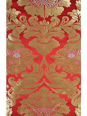 Poppy-Red Auspicious Tibetan Fabric with Golden Thread Weave All-Over