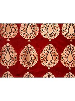 Red-Ochre Banarasi Katan Georgette Fabric with Hand-woven Trees in Golden Thread