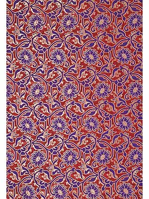 Flame Scarlet-Red Katan Fabric from Banaras with Woven Flowers in Blue and Gold