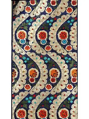 Royal-Blue Brocade Fabric with Five Woven Flowers