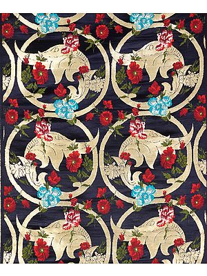 Blue Brocade Fabric with Woven Flowers