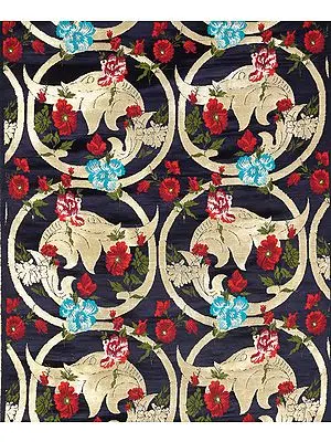 Blue Brocade Fabric with Woven Flowers