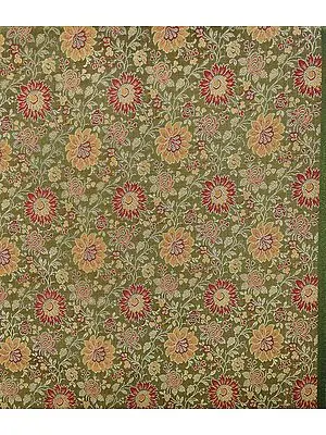 Olive Green Banarasi Brocade Fabric with Woven Flowers