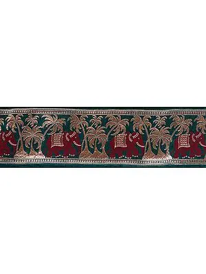 Green Banarasi Fabric Border with Woven Elephants and Palm Trees