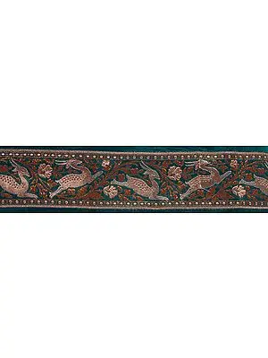 Green Banarasi Fabric Border with Woven Frolicking Deer