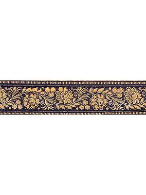 Navy-Blue Banarasi Fabric Border with Woven Flowers