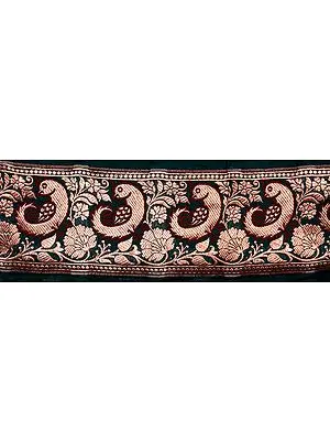 Green Banarasi Fabric Border with Woven Birds in Golden Thread
